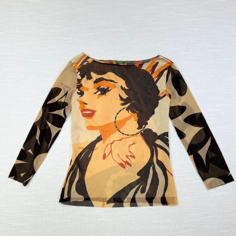 Vintage United Colors of Benetton Mesh Graphic Top Italy Y2K Womens L